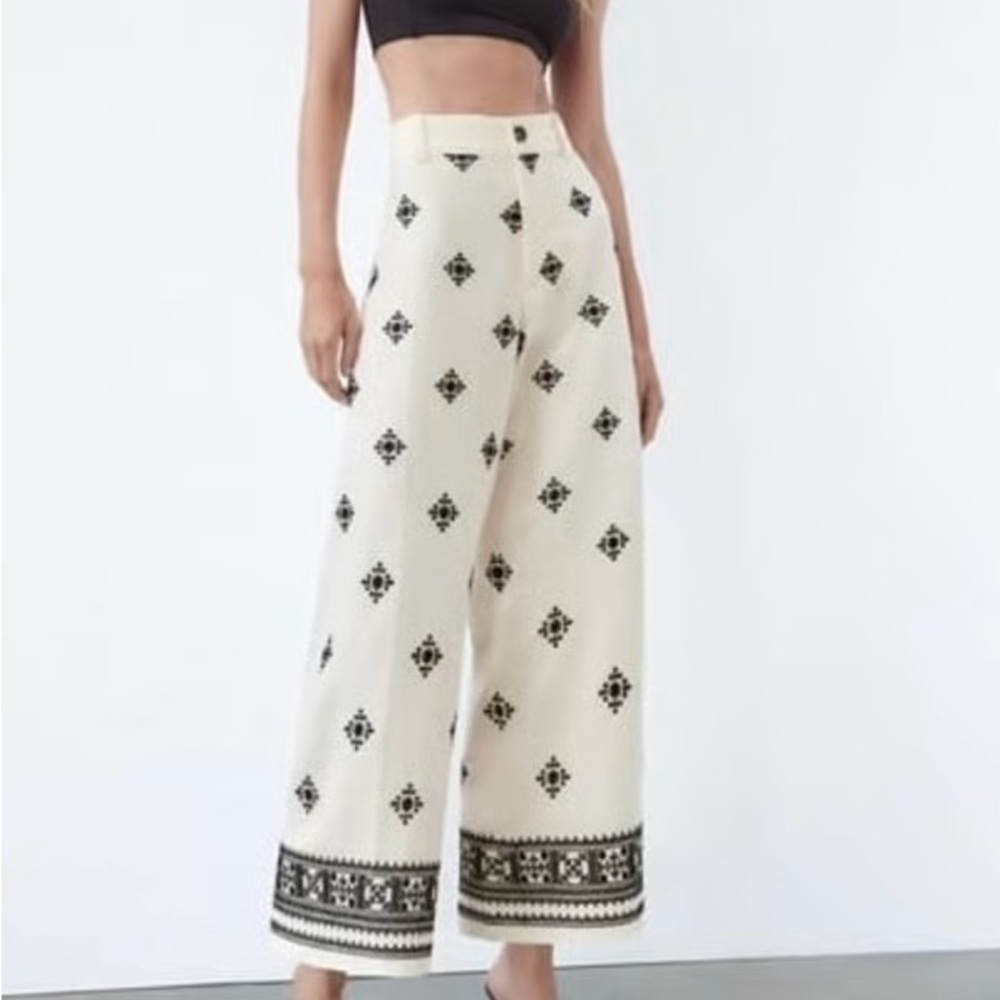 Zara Linen Blend White and Black Wide Leg Pants Size Xl New with tags $70 Retail - Picture 2 of 7